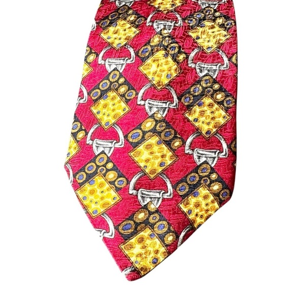 Celine Red & Gold Horse Bit 100% Silk Men’s Neck Tie - Picture 7 of 11